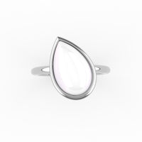 Pear-shaped preserved breastmilk stone, fully bezel set in 18K white gold